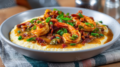 cajun shrimp and grits with savory background