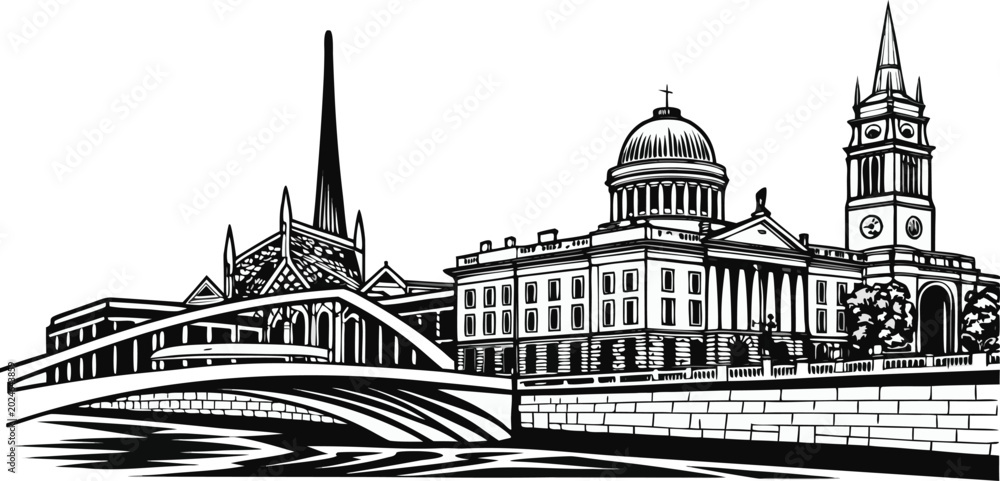 Naklejka premium Dublin, Ireland Skyline Engraving Sketch Vector