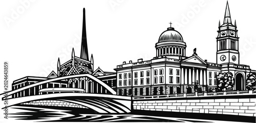 Dublin, Ireland Skyline Engraving Sketch Vector