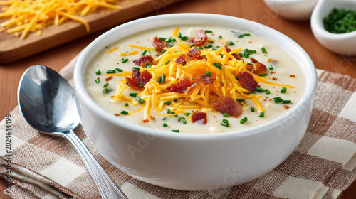 loaded baked potato soup with shredded toppings