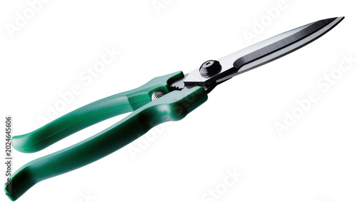 Fotografi Isolated vibrant green handle garden shears with sharp metal blades for trimming