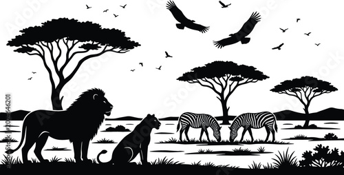 Photography Savannah Wildlife Silhouette with Lion, Lioness, Zebras, Birds, and Acacia Trees
