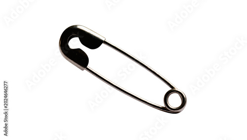 Isolated metal safety pin, shiny silver object for clothes, crafting, or holding materials