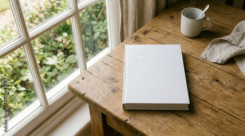 Tableau sur toile Blank white hardcover book mockup placed on a rustic wooden table next to a window, accompanied by a ceramic mug with a spoon