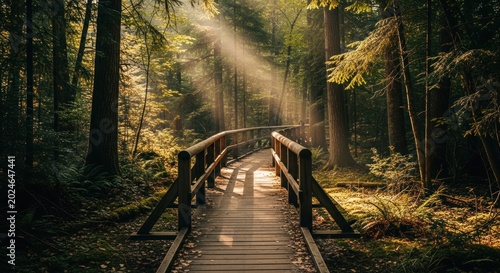 Sunlit Path - A Wooden Bridge Through a Lush Forest.