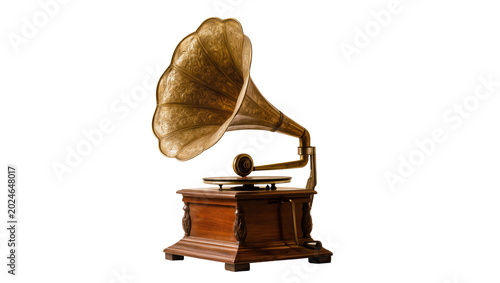 Foto Isolated antique gramophone with ornate brass horn and wooden base, vintage musi