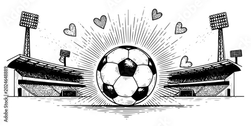 Photos Soccer ball at stadium with flying hearts and sunburst in vintage engraving styl