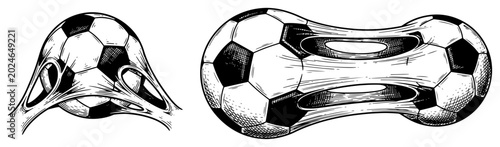 Fotografie Soccer balls stretching and pulling apart with elastic texture in vintage engrav