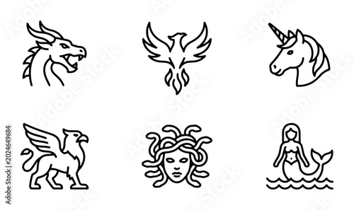 Tableau sur toile Mythical Creatures Icons Set: Dragon, Phoenix, Unicorn, Griffin, Medusa, Mermaid