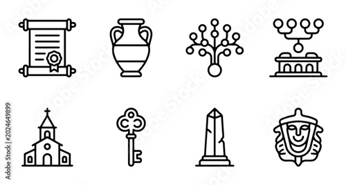 Photos Historical Icons Set: Scroll, Amphora, Tree of Life, Genealogy, Church, Key, Obe