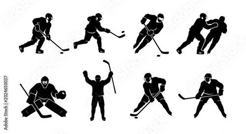 Photography Ice Hockey Player Silhouettes, Action Poses Vector Set