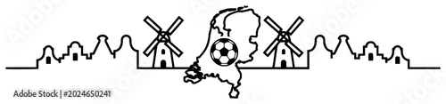 Soccer ball inside Netherlands map with windmills and traditional house silhouettes
