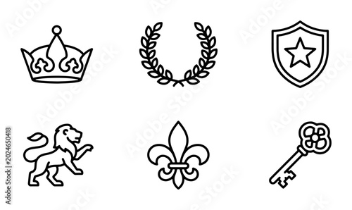 Foto Royal Crest Icons: Crown, Laurel Wreath, Shield, Lion, Fleur-de-lis, Key Vector