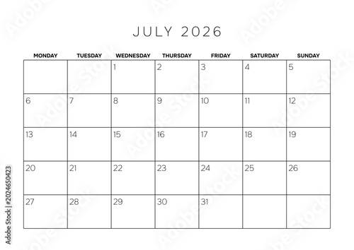 July 2026 Professional Monthly Calendar Template A4 Minimalist Planner Grid for Corporate Scheduling and Project Management