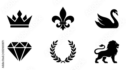 Quadro em tela Royal Icons Set: Crown, Fleur-de-lis, Swan, Diamond, Laurel Wreath, Lion Vector