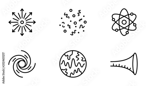 Tableau sur toile Science Icons Set: Atom, Galaxy, Explosion, Sound Wave, Earth, Vortex, Vector Gr