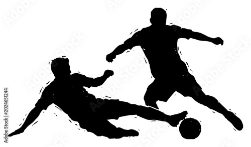 Tableau sur toile Soccer players action silhouettes with tackling and dribbling in high contrast s