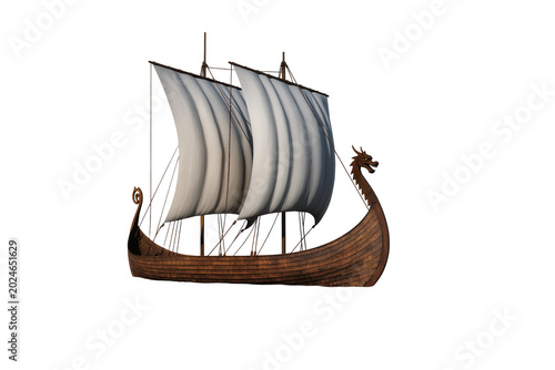 Fotografía Isolated ancient wooden Viking longship with traditional sails and carved dragon