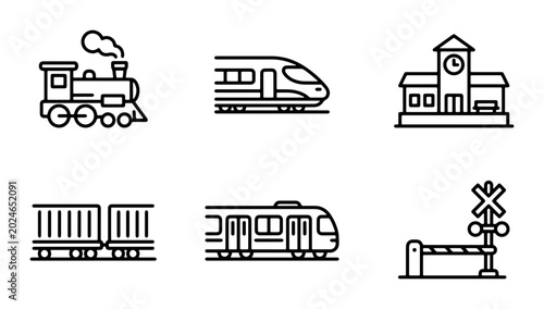 Foto Train Icons Set: Vintage Steam Locomotive, Modern High-Speed Rail, Passenger Car