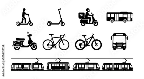 Photography Urban Transportation Icons: Electric Scooters, Motorcycles, Bicycles, Buses, Tra