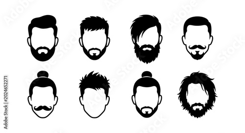 Barber shop hair and beard styles, set of 8 male facial hair silhouettes, masculine grooming and haircut vector icons