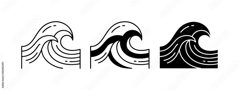 Fototapeta premium Stylized Wave Icons Set: Minimalist Ocean Swells, Nautical Symbols, Marine Design Elements