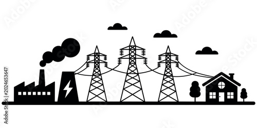 Black and white of power plant with transmission towers and house electricity industrial in white background