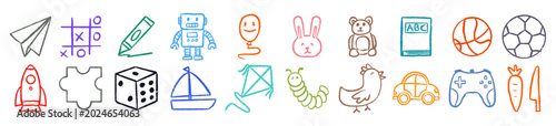 Fotografía Kids toys doodle hand drawn, children game objects set, kindergarten playroom sk