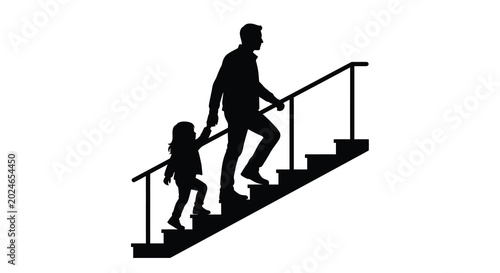 фотографія father and daughter silhouette ascending staircase on white background