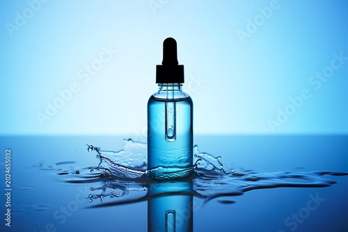 Clear glass dropper bottle filled with blue liquid splashing into water surface with reflections