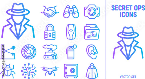 Foto Secret ops icons vector set spy espionage surveillance investigation detection investigation secret agent concept