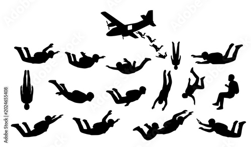 Fotografía Skydiver Silhouettes Vector Set with Airplane and Freefall Adventure Sport Poses