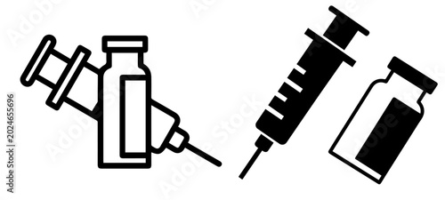 Tableau sur toile Medical syringe and vaccine vial icons, black silhouette hypodermic needle and m