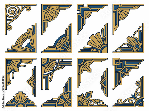 An elegant collection of Art Deco style decorative corner designs, showcasing geometric patterns and intricate detailing that highlight classic design aesthetics.