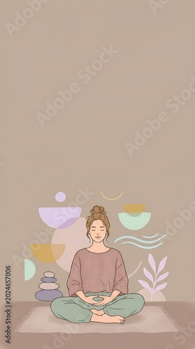  Girl practicing yoga for mental health and soul balance. Mindfulness, wellness and calmness illustration. Zen lifestyle, spiritual growth and harmony.