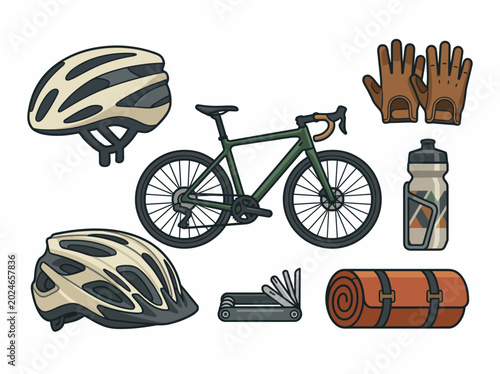 Fotografija An engaging illustration showcasing essential cycling equipment and accessories, appealing to outdoor enthusiasts and adventure seekers