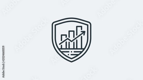 Clean minimalist vector icon of a protective shield and an ascending bar graph, representing secure financial growth, robust performance assessment, and strategic risk management