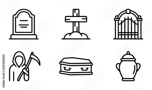 Принти на полотні Funeral Icons Set: Tombstone, Grim Reaper, Coffin, Urn, Cemetery Gate, Cross