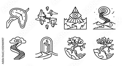 Bild auf Leinwand Surreal Dreamscape Icons: Melting Clock, Floating Islands, Mystical Eye, Cosmic