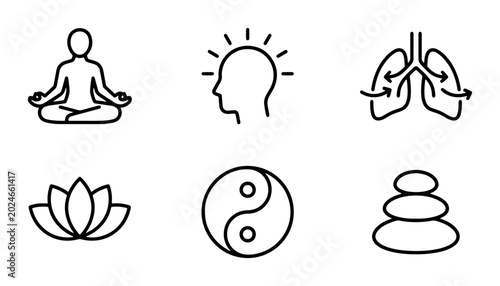 Canvas Print Mindfulness Icons Set: Meditation, Yoga, Breathing, Lotus, Yin Yang, Zen Stones,
