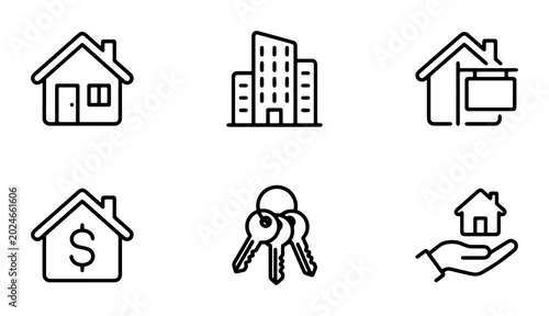 Schilderij op canvas Real Estate Icons Set: Houses, Buildings, Keys, Dollar Sign, For Sale Sign, Hand