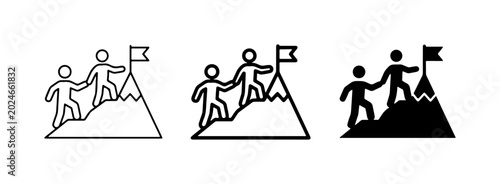 Teamwork success, reaching mountain peak, flag achievement, collaboration, business goal vector icons