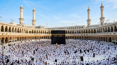 Large crowd of pilgrims gathered around the kaaba during hajj pilgrimage in mecca saudi arabia with white robes and a blue sky