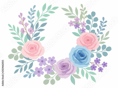 Φωτογραφία An elegant floral wreath featuring pastel roses and greenery, symbolizing beauty, love, and the enchanting allure of nature's blossoms in a serene design
