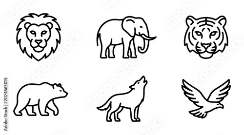 Canvas Print Wild Animal Icons Set: Lion, Elephant, Tiger, Bear, Wolf, Eagle Line Art Vector