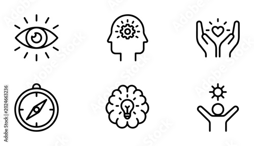 Photos Mindfulness Icons Set: Vision, Brainstorming, Compass, Care, Idea, Success Icons