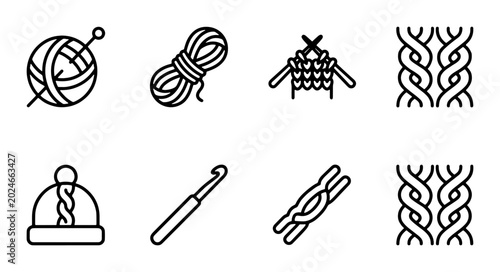 Bild auf Leinwand Knitting and Crochet Icons Set: Yarn, Needles, Hooks, Stitches, Hat, Crafting Su