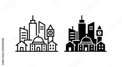 Photography Cityscape Icons, Urban Skyline Vector Graphics, Modern Architecture Symbols, Dow