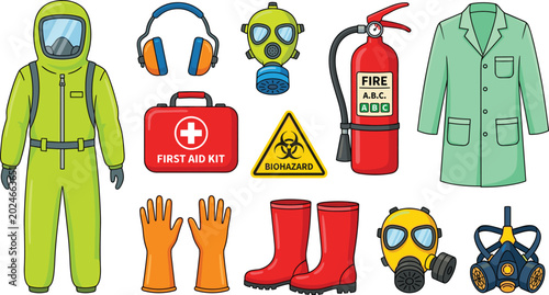 Safety and Hazmat Equipment Set with Protective Suit, Gas Mask, First Aid Kit, Fire Extinguisher, Biohazard, and PPE Symbols for Industrial Designs