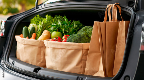 Reusable grocery bags filled with fresh vegetables in car trunk, sustainable shopping and healthy lifestyle concept with eco friendly transportation